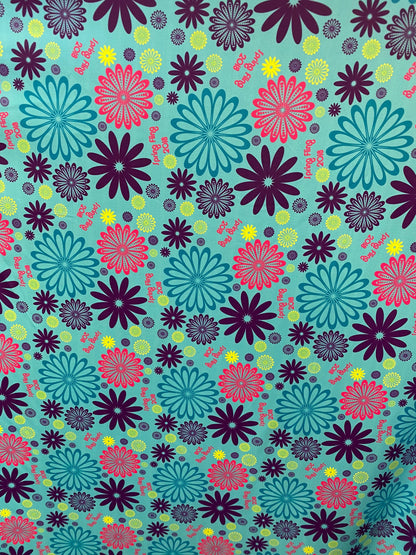 New flower design Aqua teal multi print on best quality of nylon spandex 4-way stretch 58/60” Sold by the YD. Ships worldwide