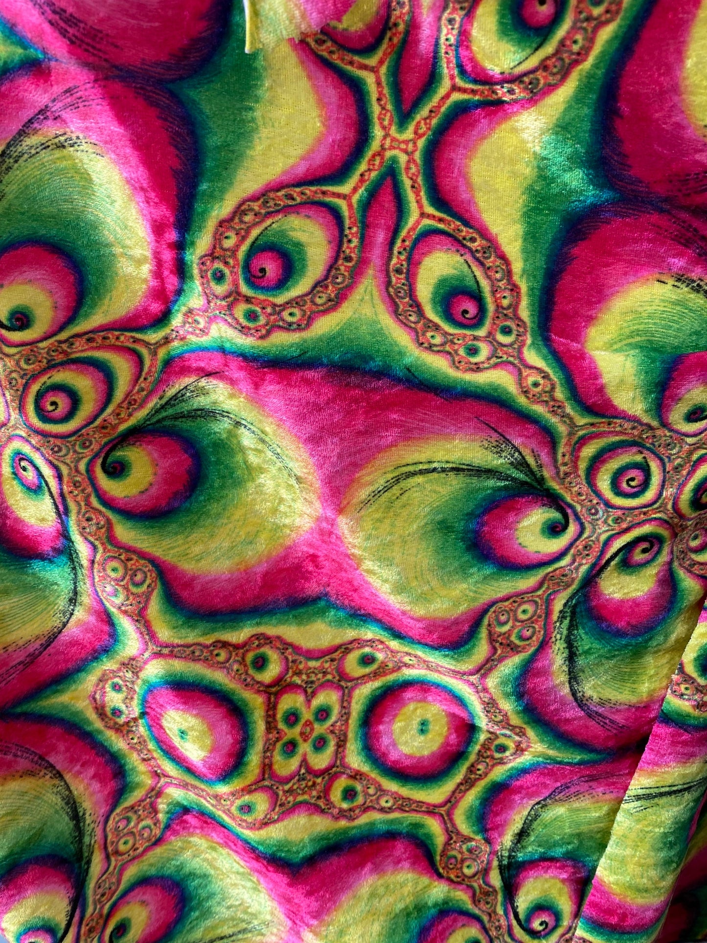 New abstract design multicolor print on velour velvet 2-way stretch 58/60” Sold by the YD. Ships Worldwide from Los Angeles California USA.