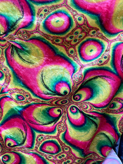 New abstract design multicolor print on velour velvet 2-way stretch 58/60” Sold by the YD. Ships Worldwide from Los Angeles California USA.