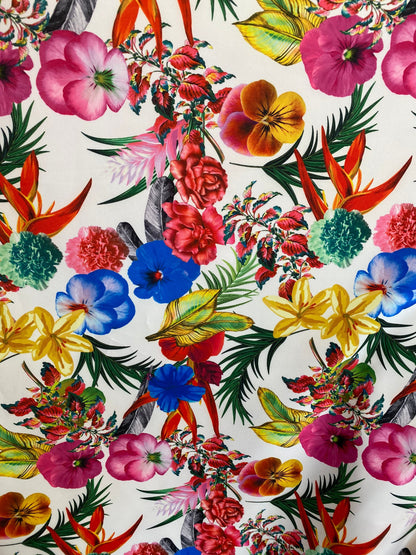 New flower design multicolor print on poly super techno 2-way stretch 58/60” Sold by the YD. Ships worldwide from Los Angeles California USA