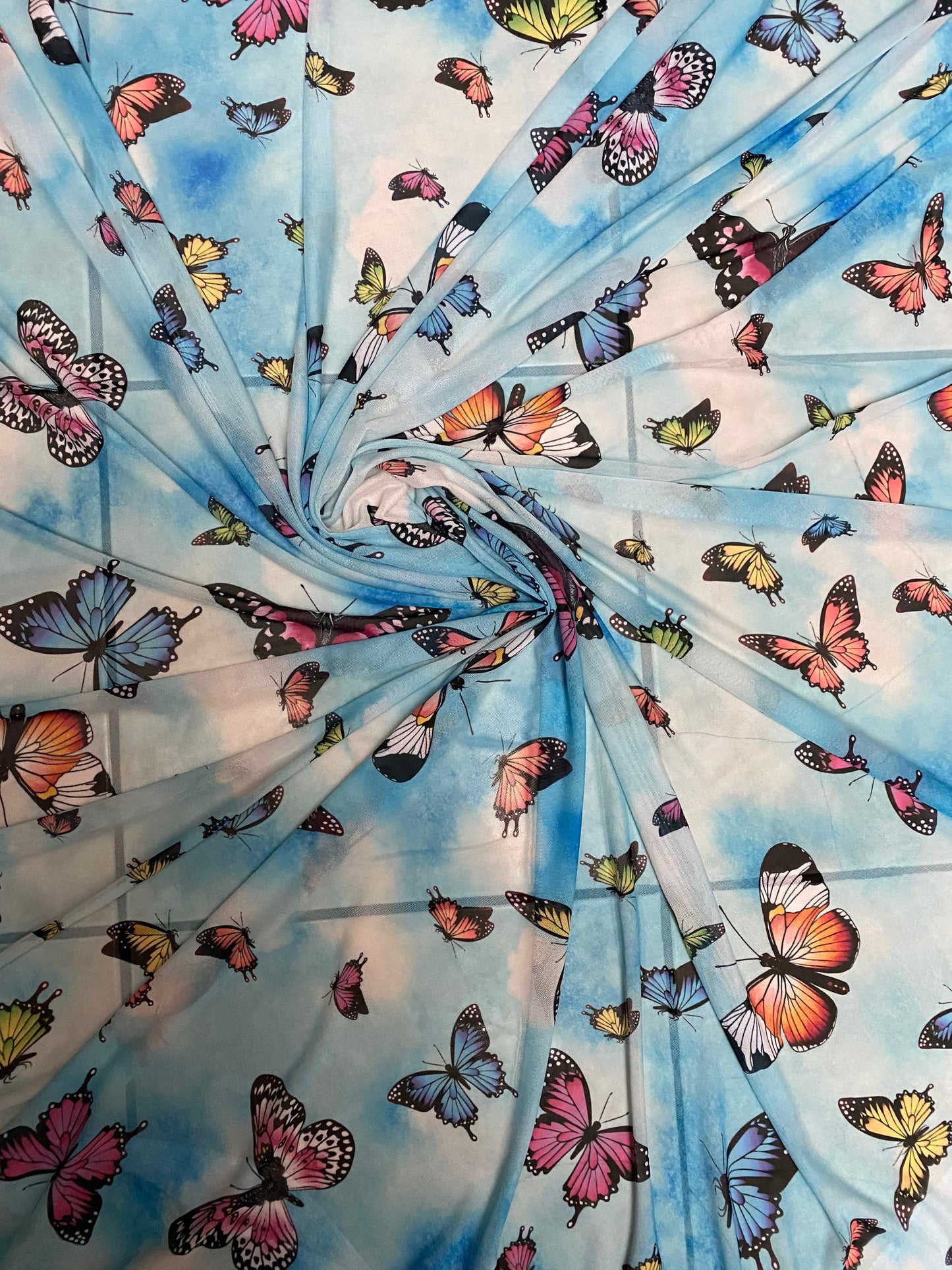 New Butterflies design print on great power mesh 4-way stretch 58/60” Sold by the YD. Ships Worldwide from Los Angeles California USA.