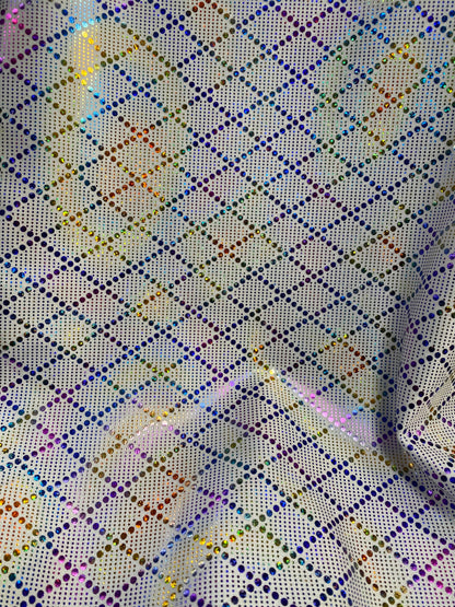 New Diamond design hologram metallic nylon spandex 4-way stretch 58/60” Sold by the YD. Ships Worldwide from Los Angeles California USA.