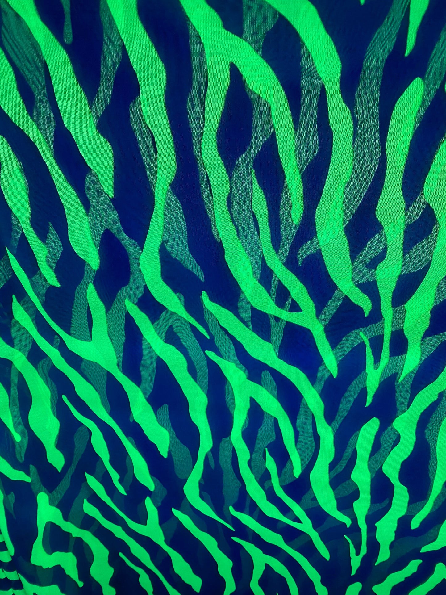 New Exotic Tiger design Uv light Gray/Neon Green print on great quality of poly mesh 4-way stretch the neon color it glows in the dark