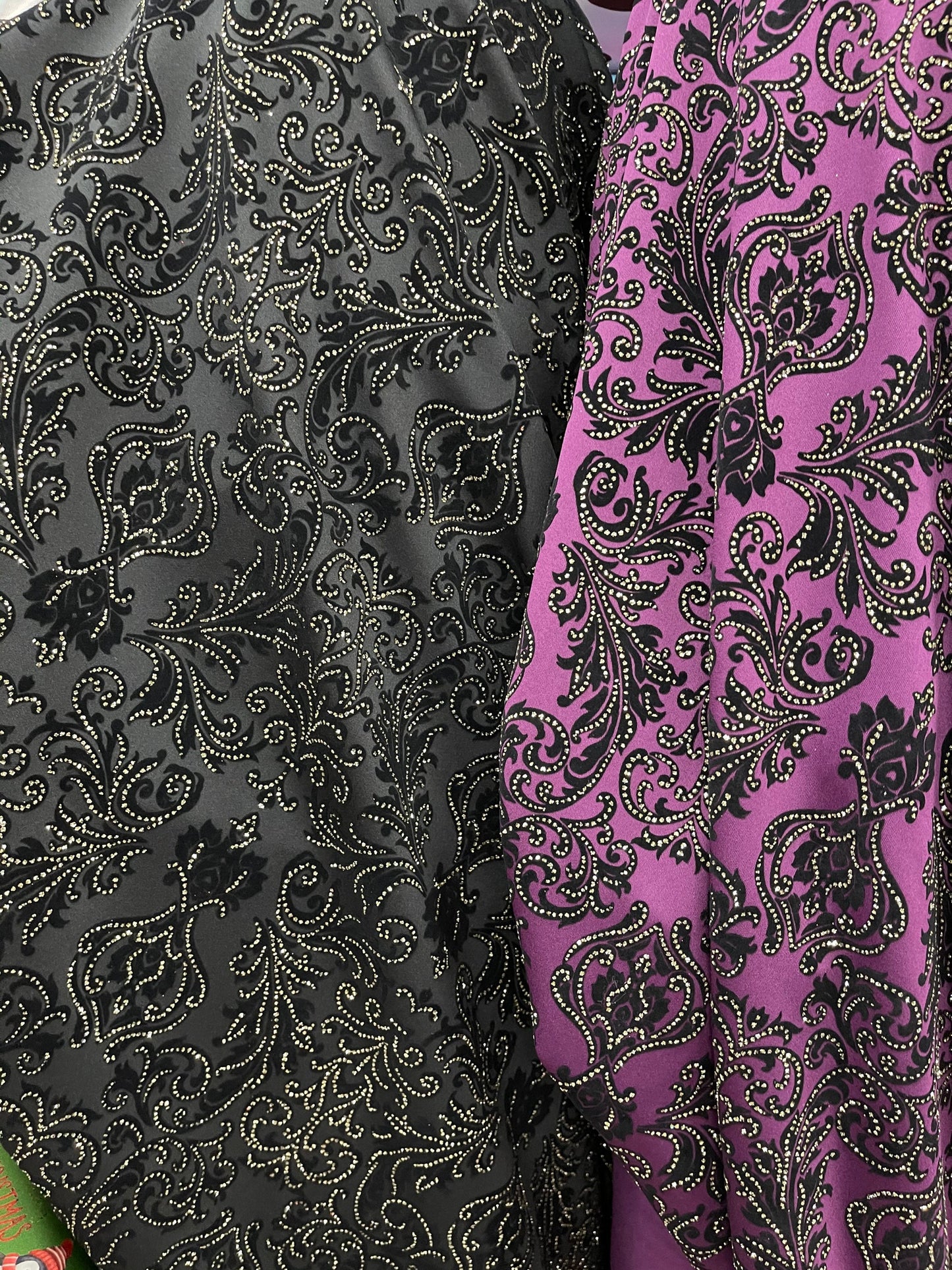 New Gothic Damask with metallic flocking print on stretch poly techno 2-way stretch 58/60” Sold by the YD. Ships Worldwide from Los Angeles