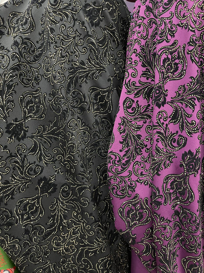 New Gothic Damask with metallic flocking print on stretch poly techno 2-way stretch 58/60” Sold by the YD. Ships Worldwide from Los Angeles