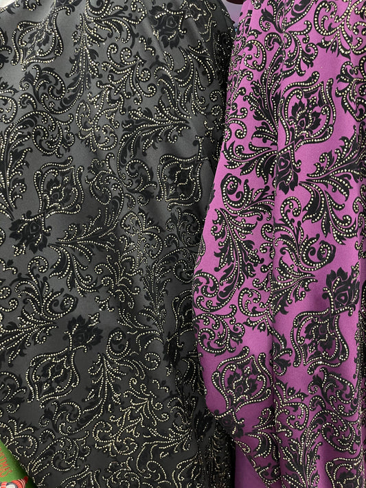 New Gothic Damask with metallic flocking print on stretch poly techno 2-way stretch 58/60” Sold by the YD. Ships Worldwide from Los Angeles