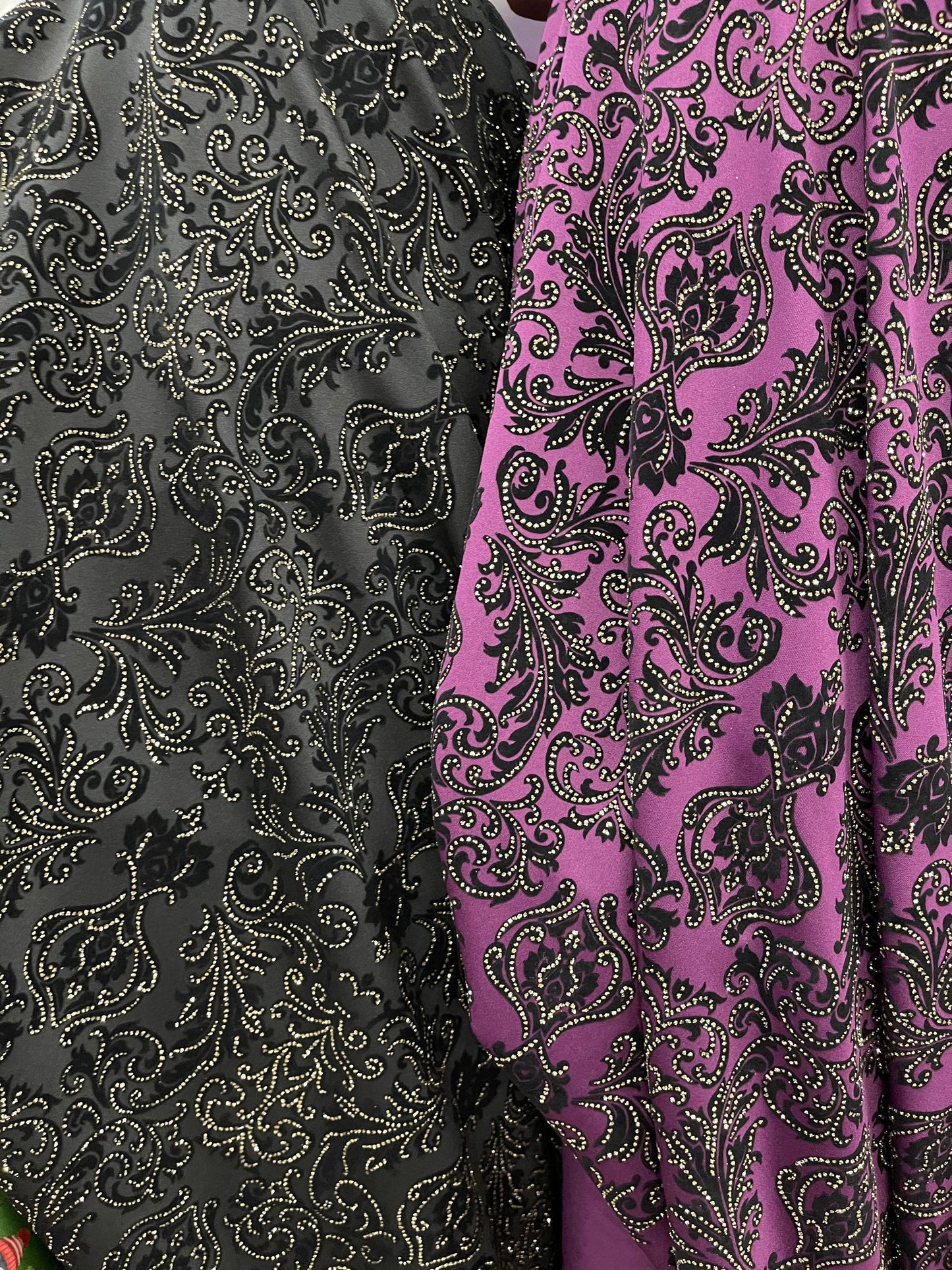 New Gothic Damask with metallic flocking print on stretch poly techno 2-way stretch 58/60” Sold by the YD. Ships Worldwide from Los Angeles