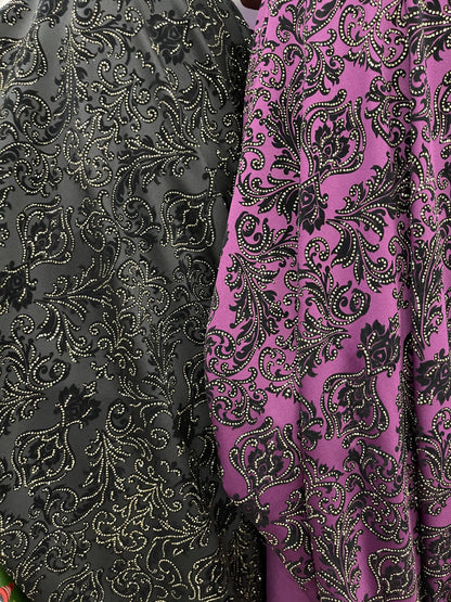 New Gothic Damask with metallic flocking print on stretch poly techno 2-way stretch 58/60” Sold by the YD. Ships Worldwide from Los Angeles