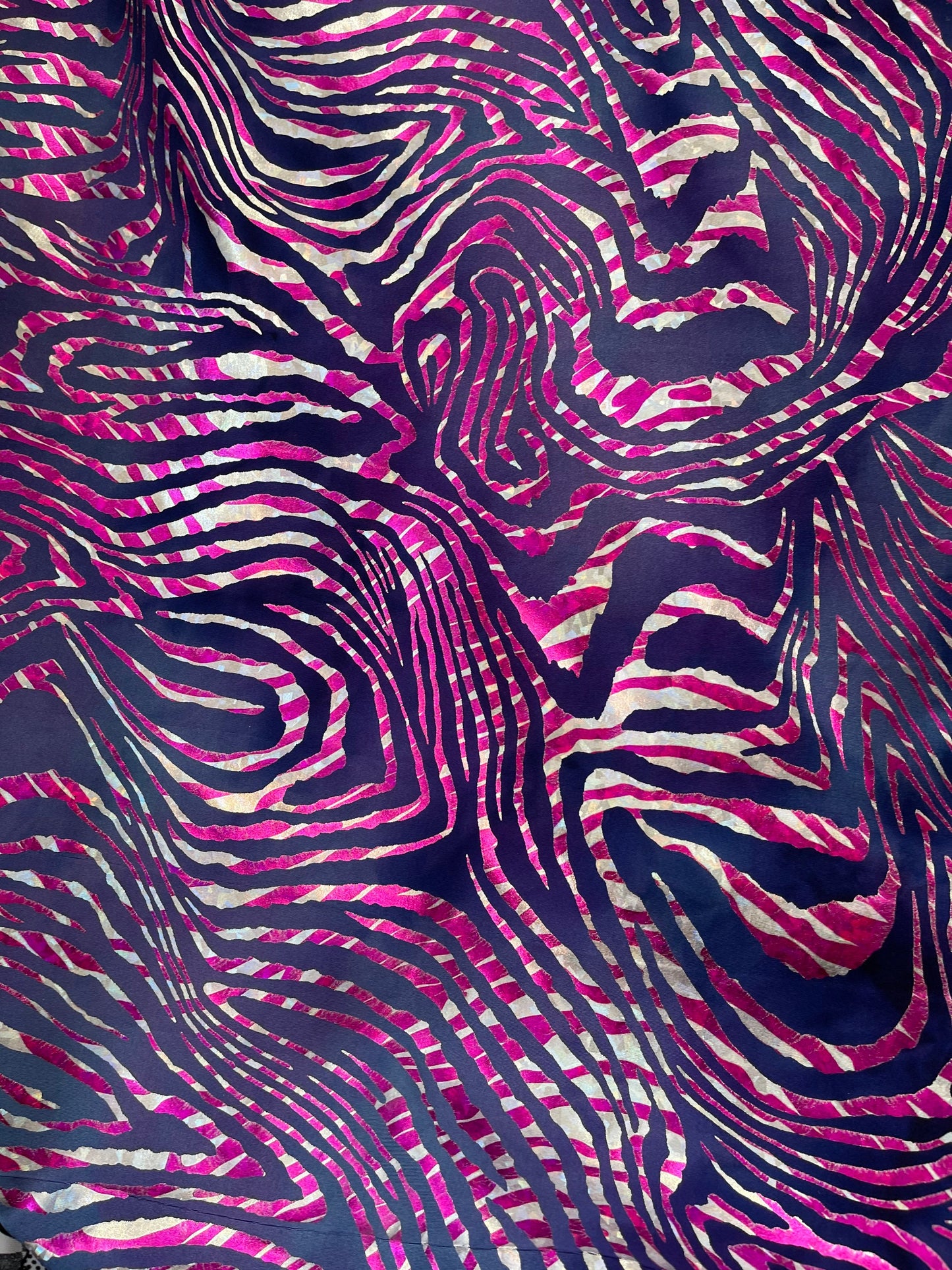 New Zebra design purple/pink metallic nylon spandex 4-way stretch 58/60” Sold by the YD. Ships Worldwide from Los Angeles California USA.