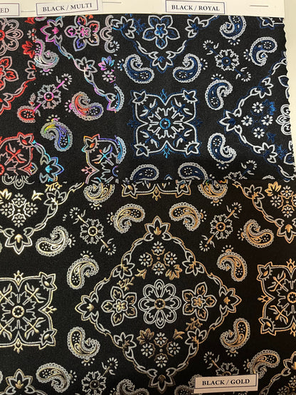 Luxury Bandana Paisley design metallic hologram nylon spandex 4-way stretch 58/60” Sold by the YD. Ships Worldwide from Los Angeles CA USA.