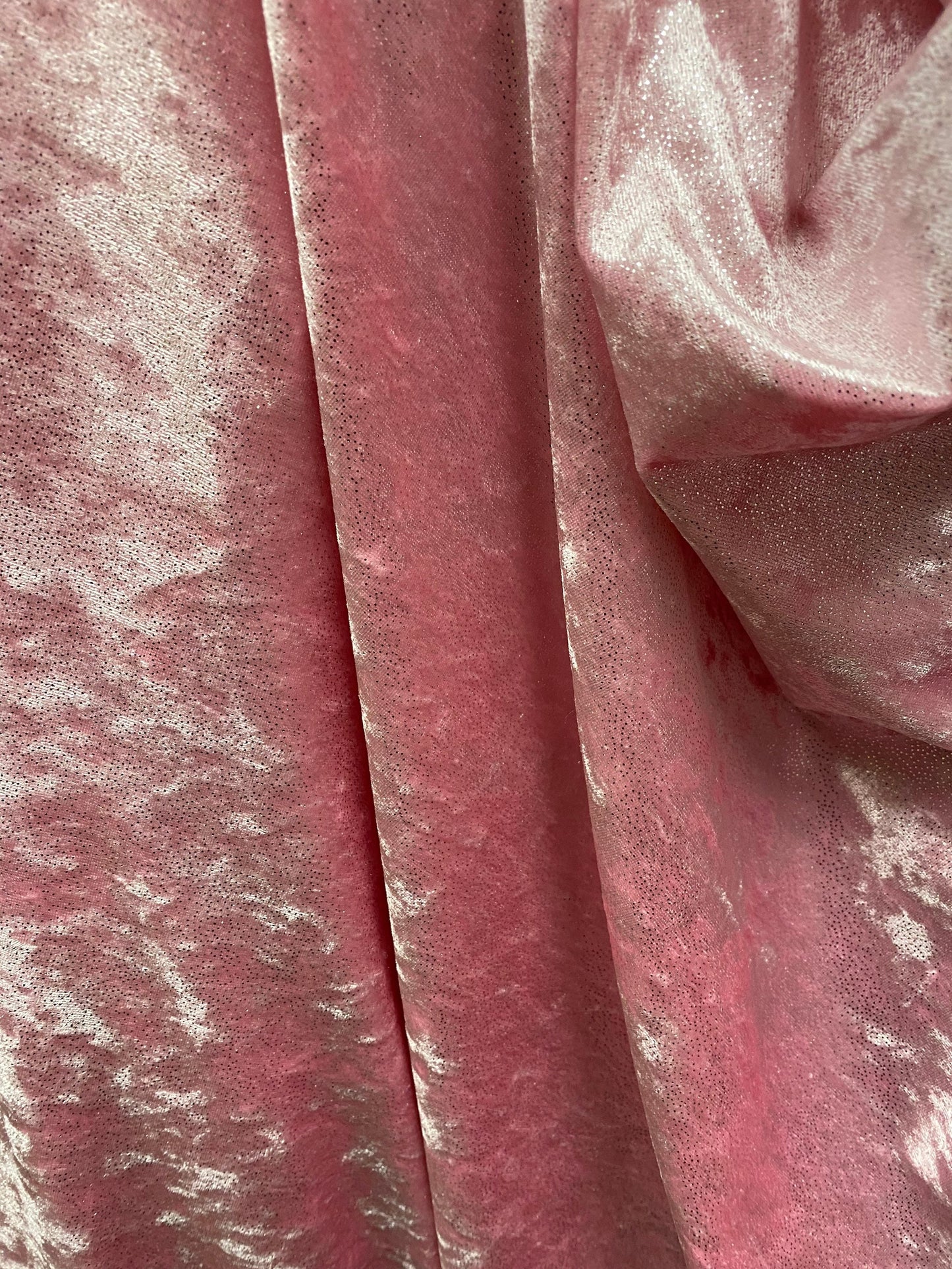 New stretch velvet velour with foil Lt pink/silver  2-way stretch 58/60” Sold by the YD. Ships Worldwide from Los Angeles California USA.