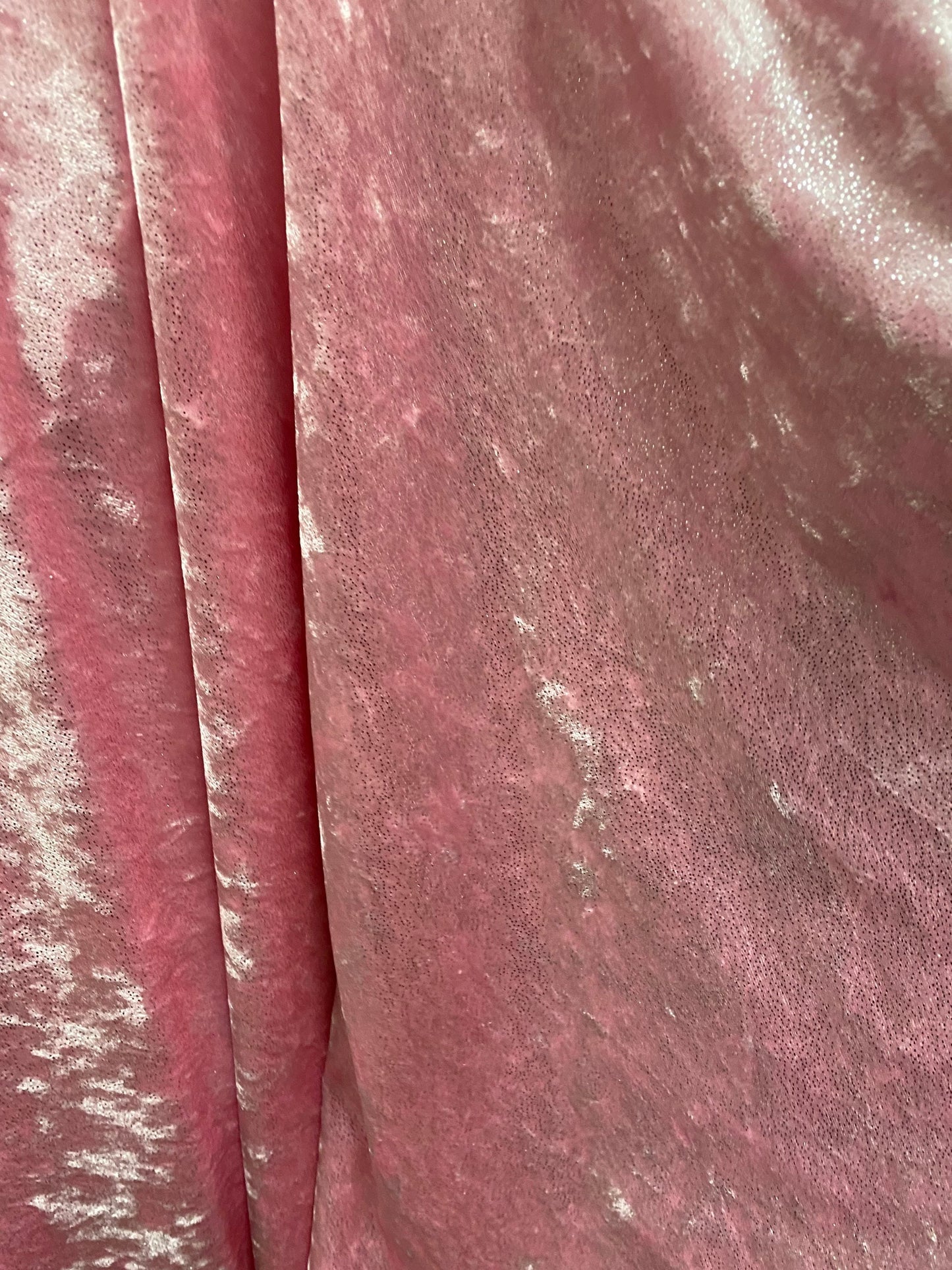 New stretch velvet velour with foil Lt pink/silver  2-way stretch 58/60” Sold by the YD. Ships Worldwide from Los Angeles California USA.