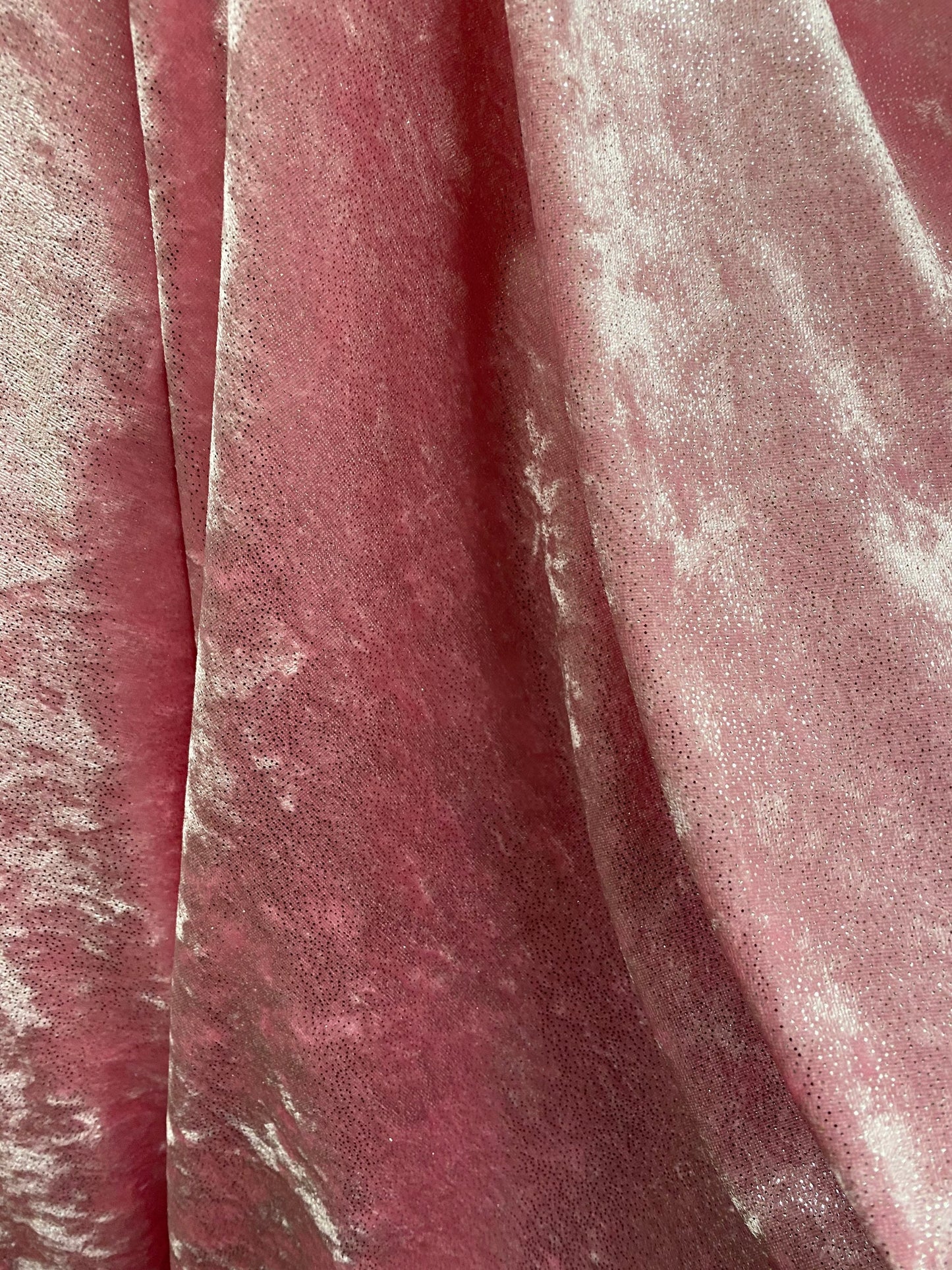 New stretch velvet velour with foil Lt pink/silver  2-way stretch 58/60” Sold by the YD. Ships Worldwide from Los Angeles California USA.