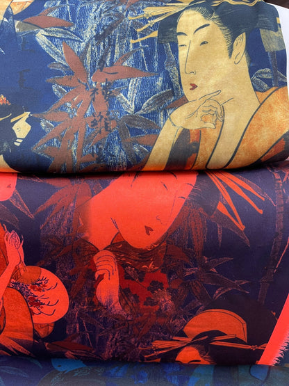 New Japanese design print on poly spandex sapphire multicolor 4-way stretch 58/60” Sold by the YD. Ships Worldwide from Los Angeles Californ