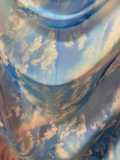 New celestial clouds design print on power mesh 4-way stretch 58/60” Sold by the YD. Ships worldwide from Los Angeles California USA.