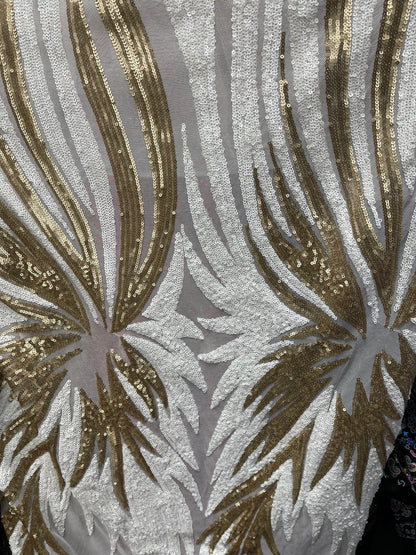 New modern abstract design embroidered sequins on stretch mesh 2-way 55/57” Sold by the YD. Ships Worldwide from Los Angeles California USA.