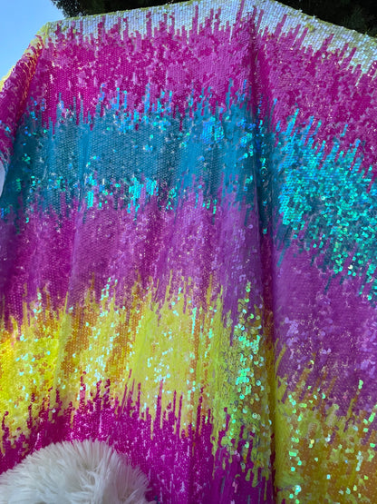 Rainbow sequins Luxury sequins embroidered on stretch mesh 2-way 58/60” Sold by the YD. Ships Worldwide from Los Angeles California USA.