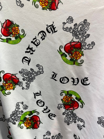 Great Love design print on poly spandex white/red 4-way stretch 58/60” Sold by the YD. Ships Worldwide from Los Angeles California USA.