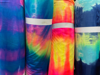 Tie dye design print on best quality of nylon spandex 4-way stretch 58/60” Sold by the YD. Ships Worldwide from Los Angeles California USA.