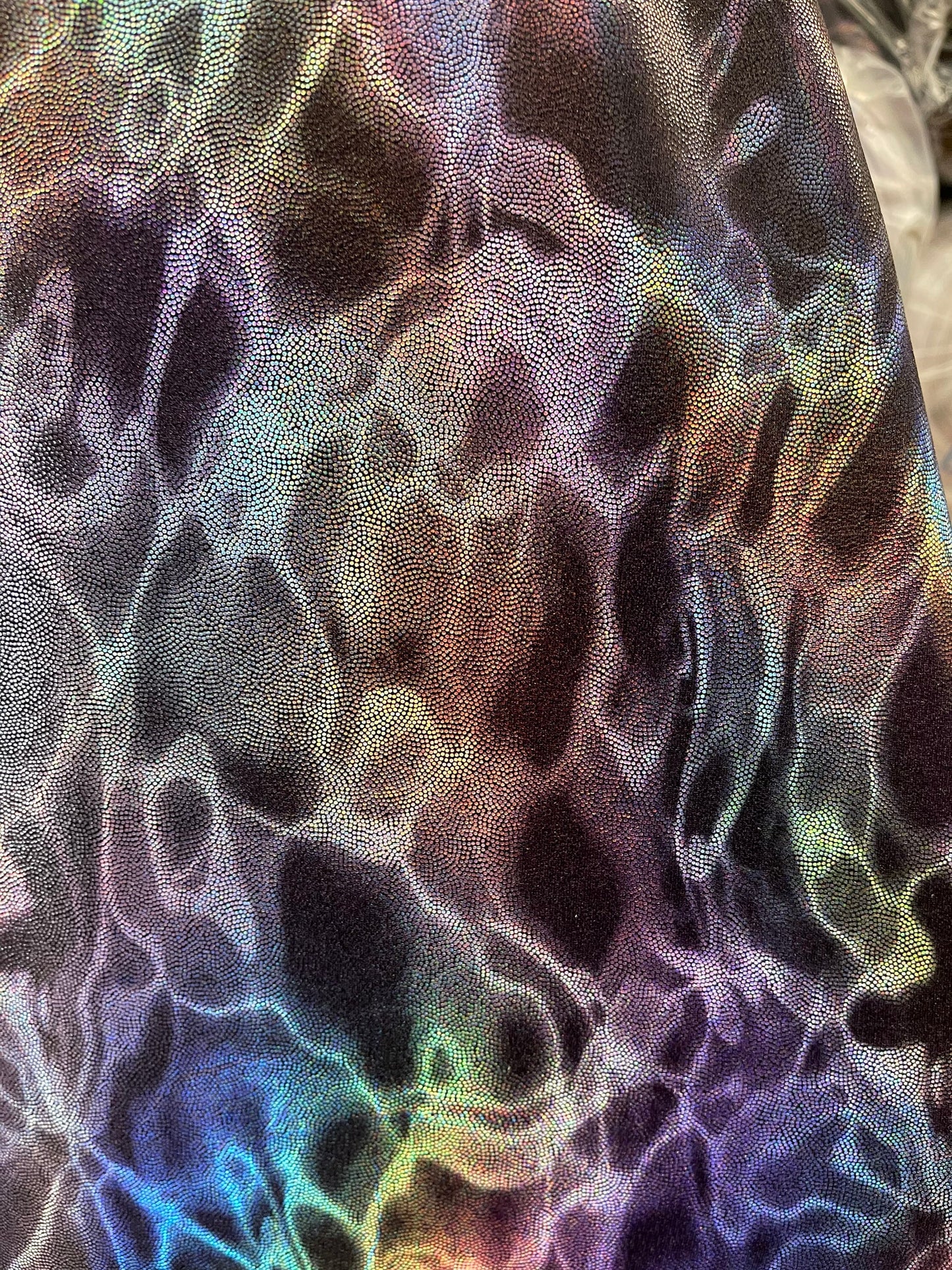 New Ghost design metallic nylon spandex with iridescent foggy foil 4-way stretch 58/60” Sold by the YD. Ships Worldwide from Los Angeles