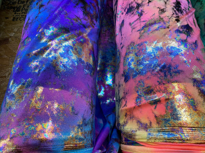 New splatter design metallic nylon spandex;-way stretch 58/60” Sold by the YD. Ships worldwide from Los Angeles California USA.