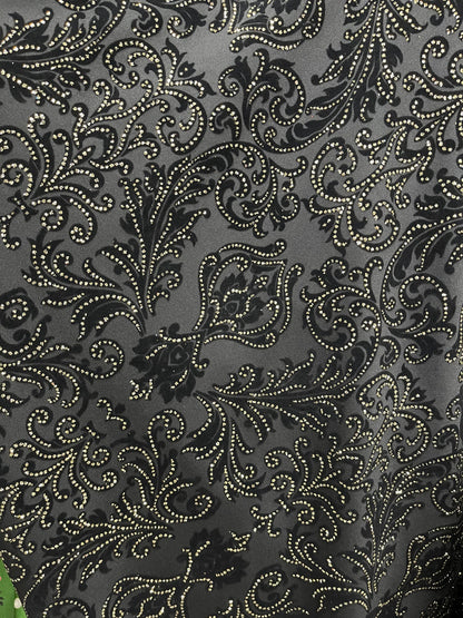 New Gothic Damask with metallic flocking print on stretch poly techno 2-way stretch 58/60” Sold by the YD. Ships Worldwide from Los Angeles