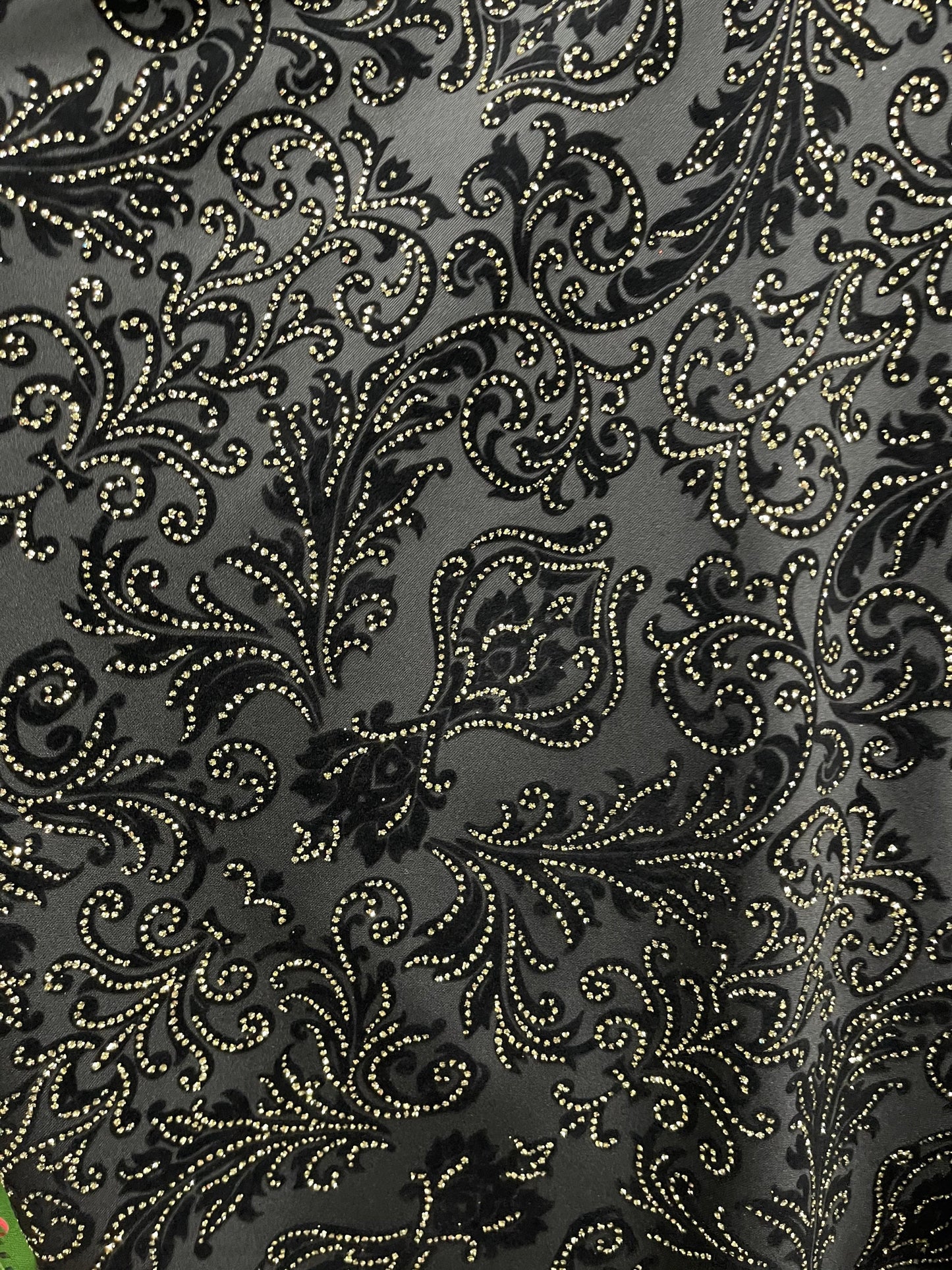 New Gothic Damask with metallic flocking print on stretch poly techno 2-way stretch 58/60” Sold by the YD. Ships Worldwide from Los Angeles