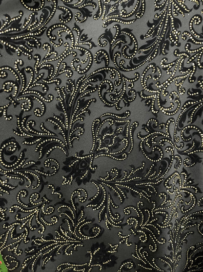 New Gothic Damask with metallic flocking print on stretch poly techno 2-way stretch 58/60” Sold by the YD. Ships Worldwide from Los Angeles