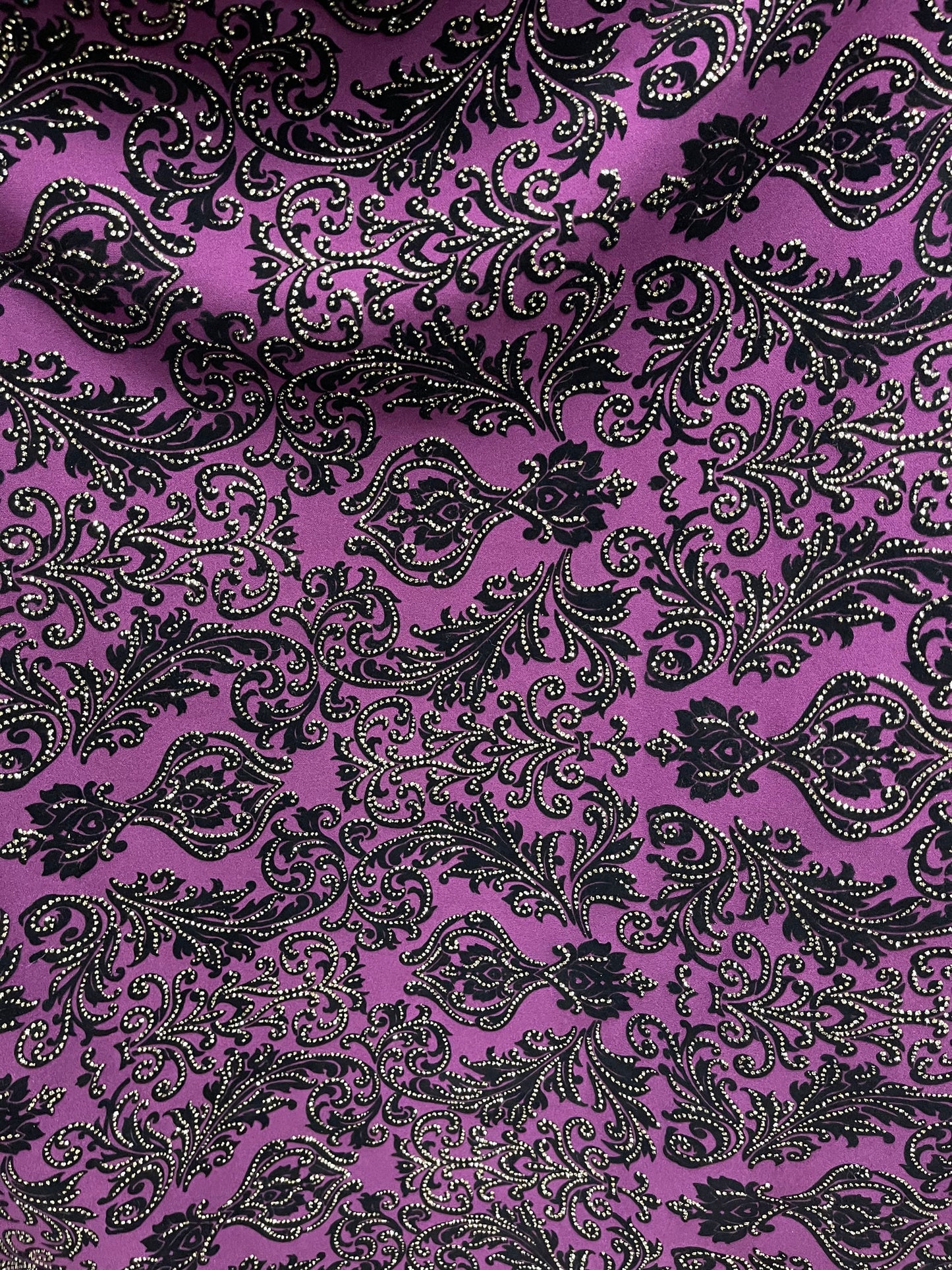 New Gothic Damask with metallic flocking print on stretch poly techno 2-way stretch 58/60” Sold by the YD. Ships Worldwide from Los Angeles