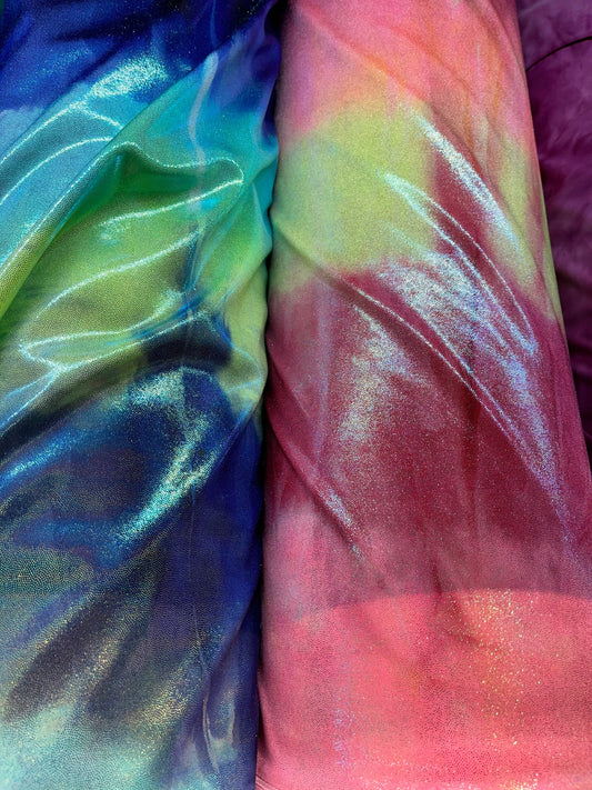 Now Tie dye  foggy foil metallic nylon spandex 4-way stretch 58/60” Sold by the YD. Ships Worldwide from Los Angeles California