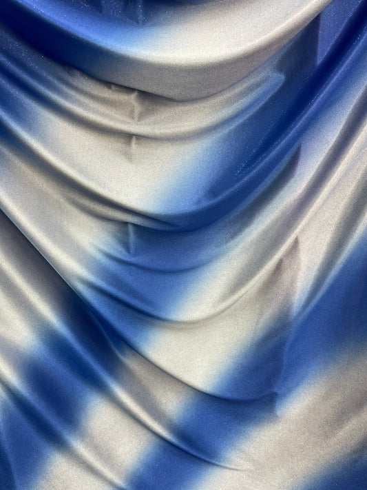 Tie dye diagonal design Sapphire/silver poliéster fabric with glitter  2-way stretch 58/60” Sold by the YD. Ships worldwide