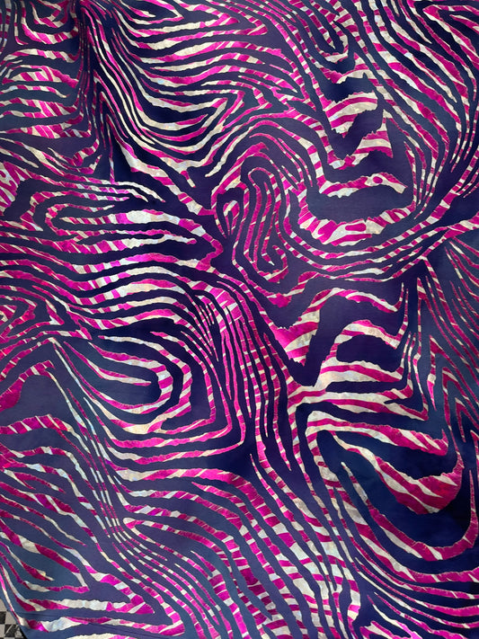 New Zebra design purple/pink metallic nylon spandex 4-way stretch 58/60” Sold by the YD. Ships Worldwide from Los Angeles California USA.