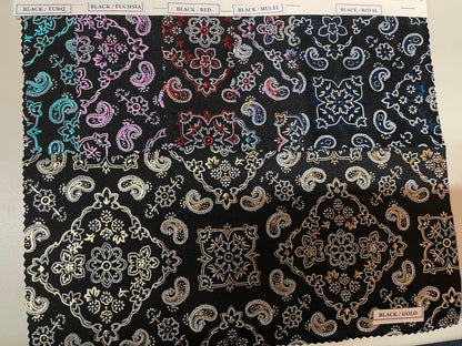 Luxury Bandana Paisley design metallic hologram nylon spandex 4-way stretch 58/60” Sold by the YD. Ships Worldwide from Los Angeles CA USA.