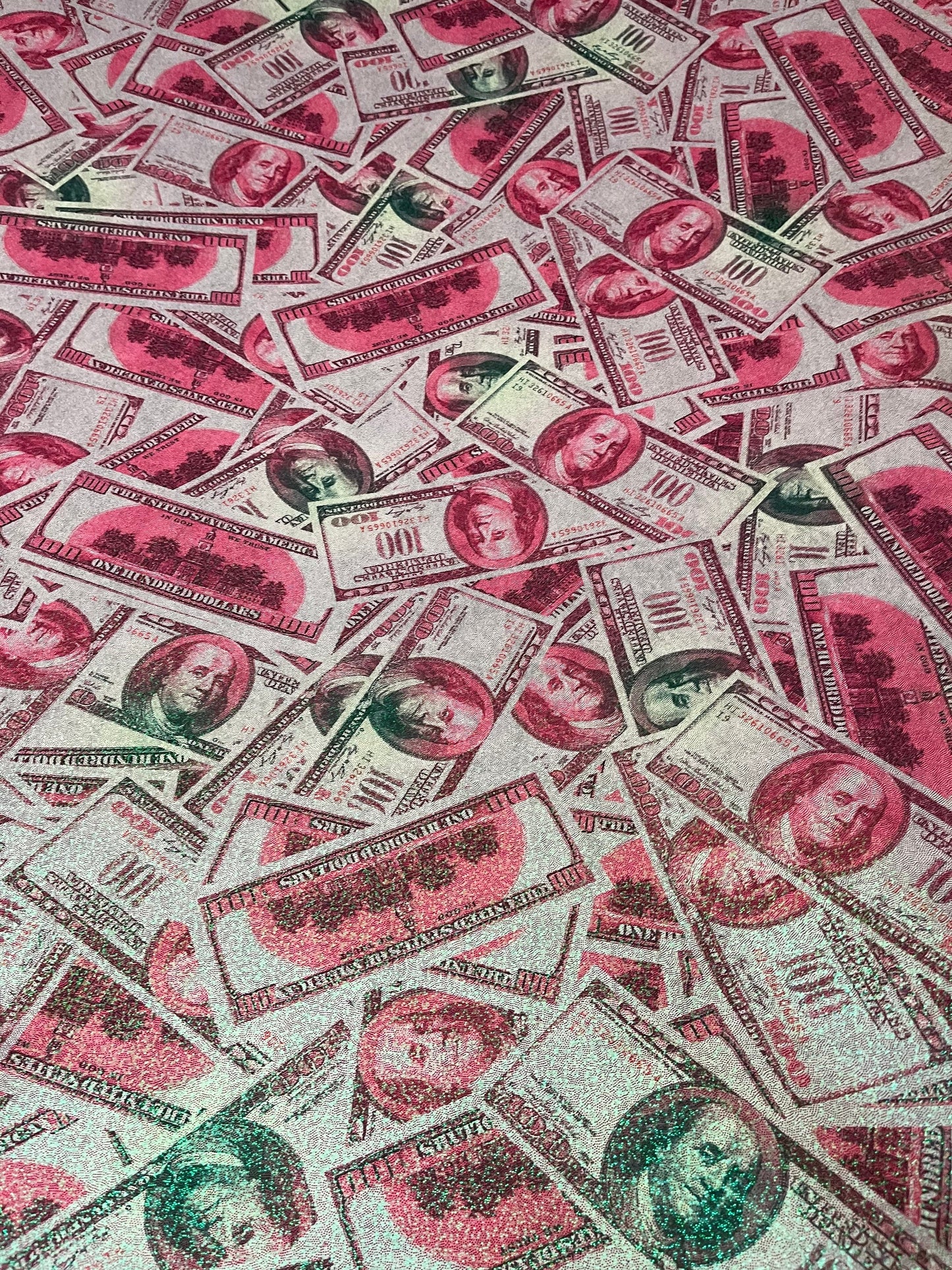 New metallic nylon spandex money design 100 dollar bill hologram pink/green color print on 4-way spandex with foggy foil all over 58/60”