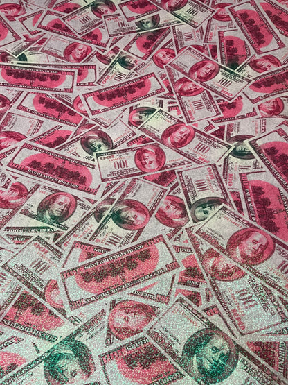 New metallic nylon spandex money design 100 dollar bill hologram pink/green color print on 4-way spandex with foggy foil all over 58/60”