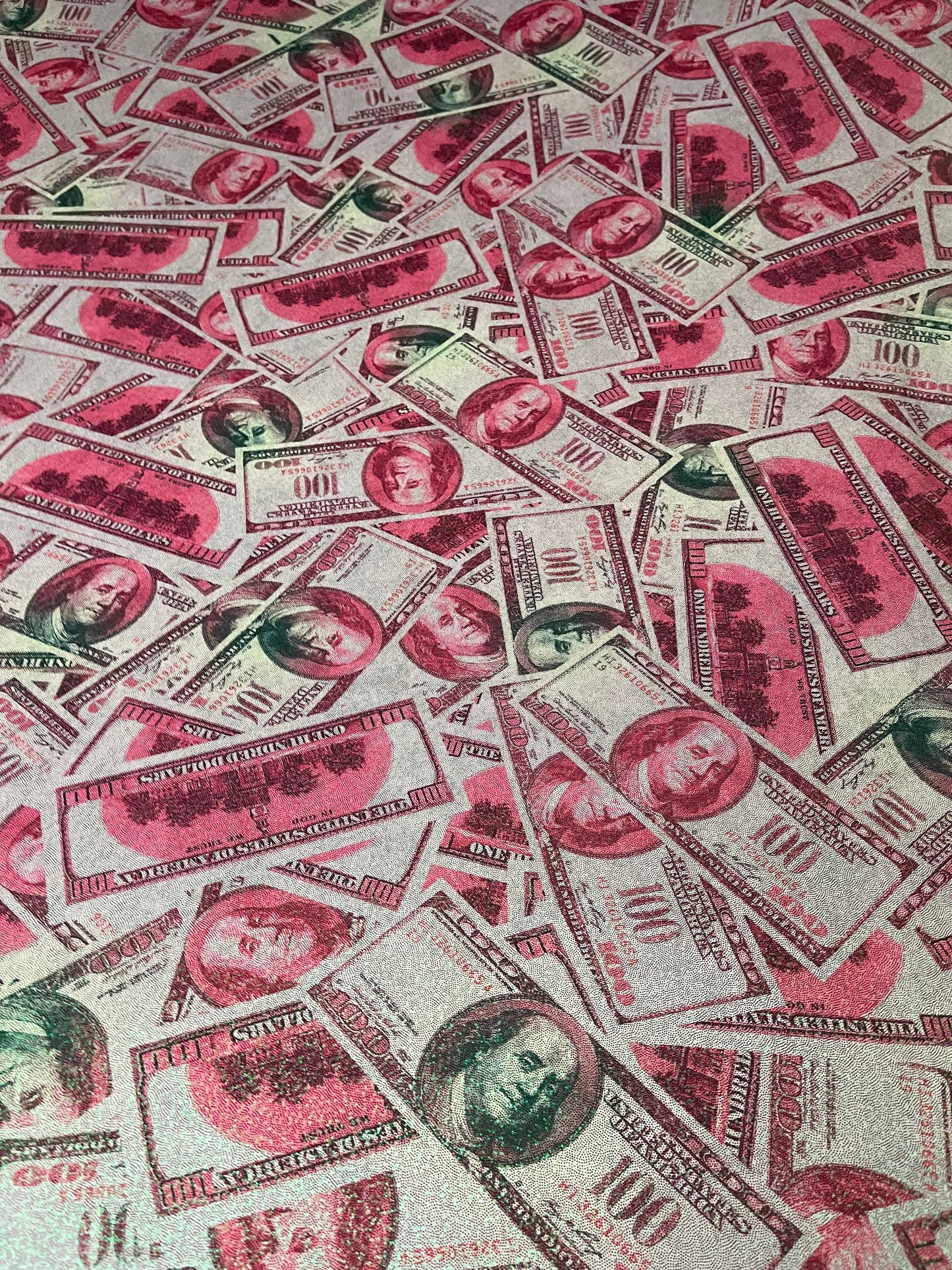 New metallic nylon spandex money design 100 dollar bill hologram pink/green color print on 4-way spandex with foggy foil all over 58/60”