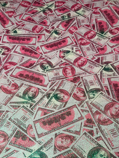 New metallic nylon spandex money design 100 dollar bill hologram pink/green color print on 4-way spandex with foggy foil all over 58/60”