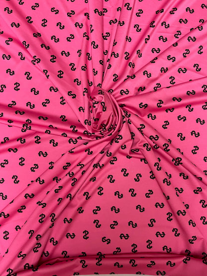 Money symbol design  pink/black print on best quality of nylon spandex 4-way stretch 58/60” Sold by the YD. Ships Worldwide from Los Angeles