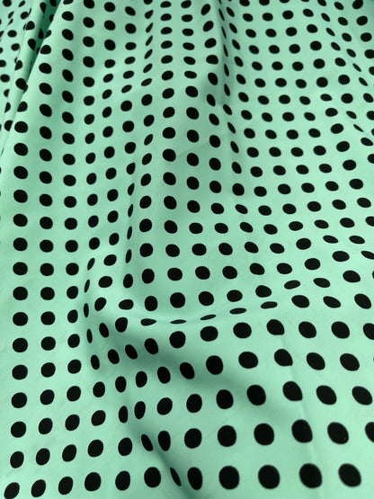 New polka dots medium size Tiffany/black print on best quality of nylon spandex 4-way stretch 58/60” Sold by the YD. Ships Worldwide