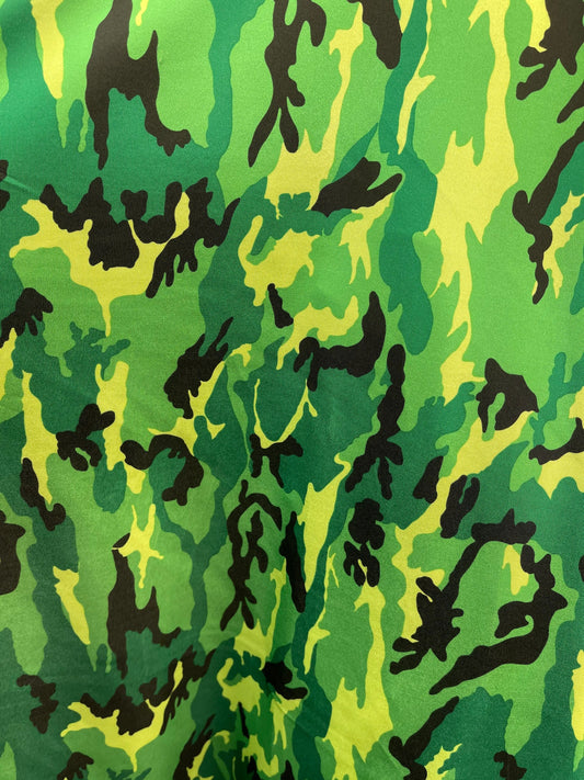 Camouflage design green/black print on nylon spandex 4 way stretch 58/60” Sold by the YD. Ships Worldwide from Los Angeles California USA.