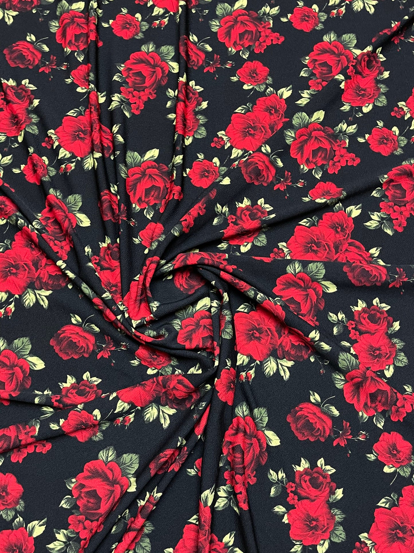 New Red Roses design print on poly spandex 2-way stretch 58/60” Sold by the YD. Ships worldwide from Los Angeles California USA.