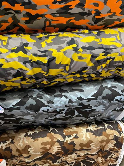 Camouflage design print on nylon spandex 4-way stretch 58/60” Sold by the YD. Ships Worldwide from Los Angeles California USA.