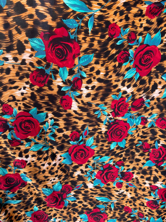 New Exotic animal print design with red flower print on poly spandex 4-way stretch 58/60” Sold by the YD. Ships Worldwide from Los Angeles