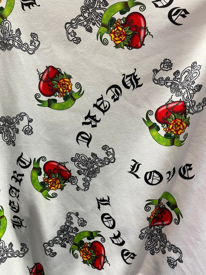 Great Love design print on poly spandex white/red 4-way stretch 58/60” Sold by the YD. Ships Worldwide from Los Angeles California USA.