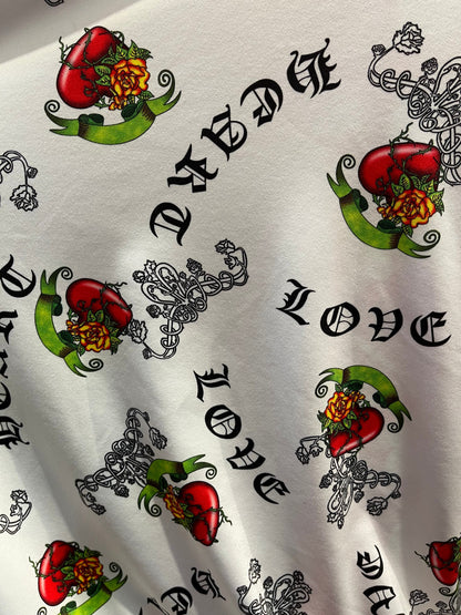 Great Love design print on poly spandex white/red 4-way stretch 58/60” Sold by the YD. Ships Worldwide from Los Angeles California USA.