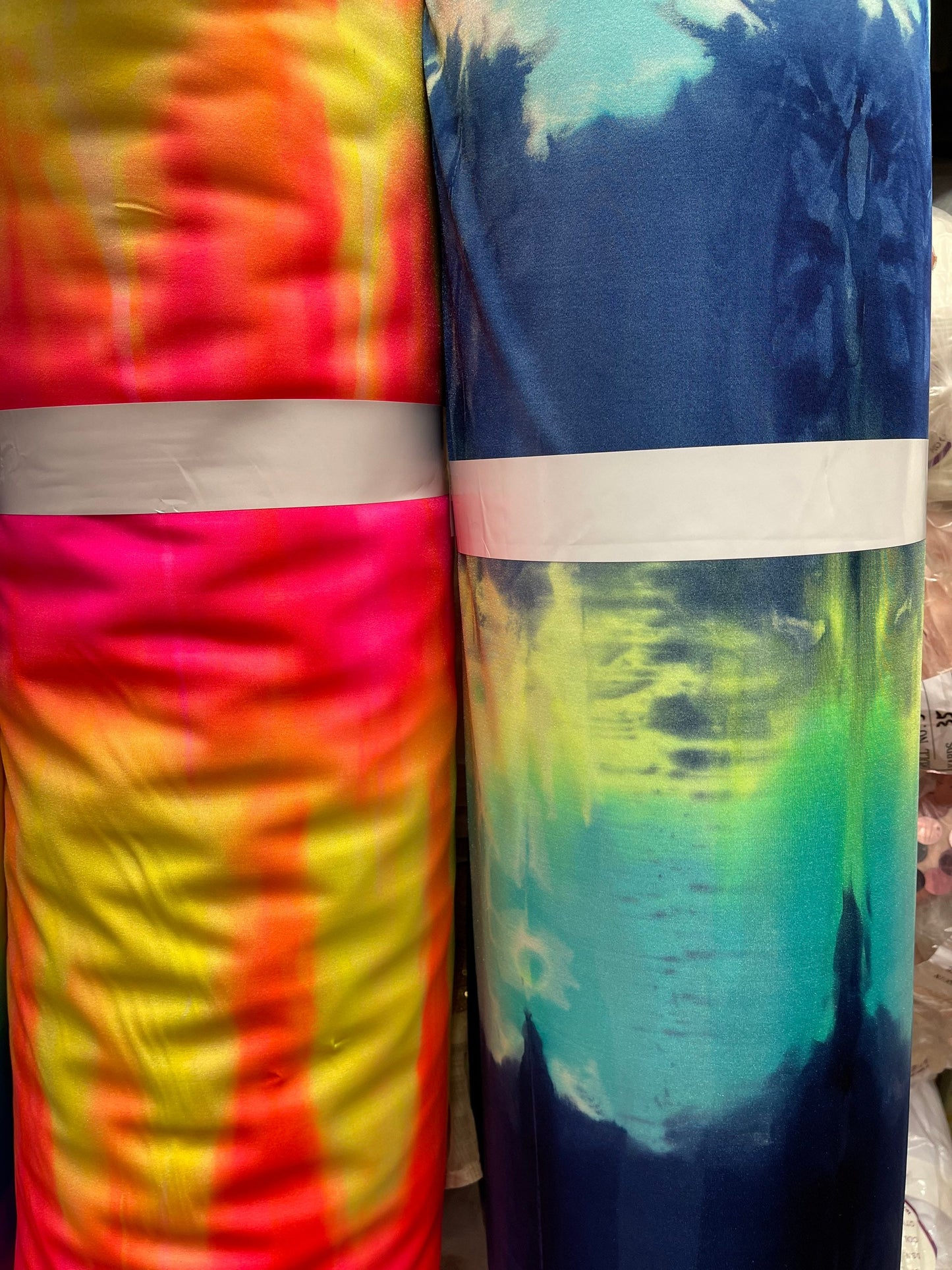 Tie dye design print on best quality of nylon spandex 4-way stretch 58/60” Sold by the YD. Ships Worldwide from Los Angeles California USA.