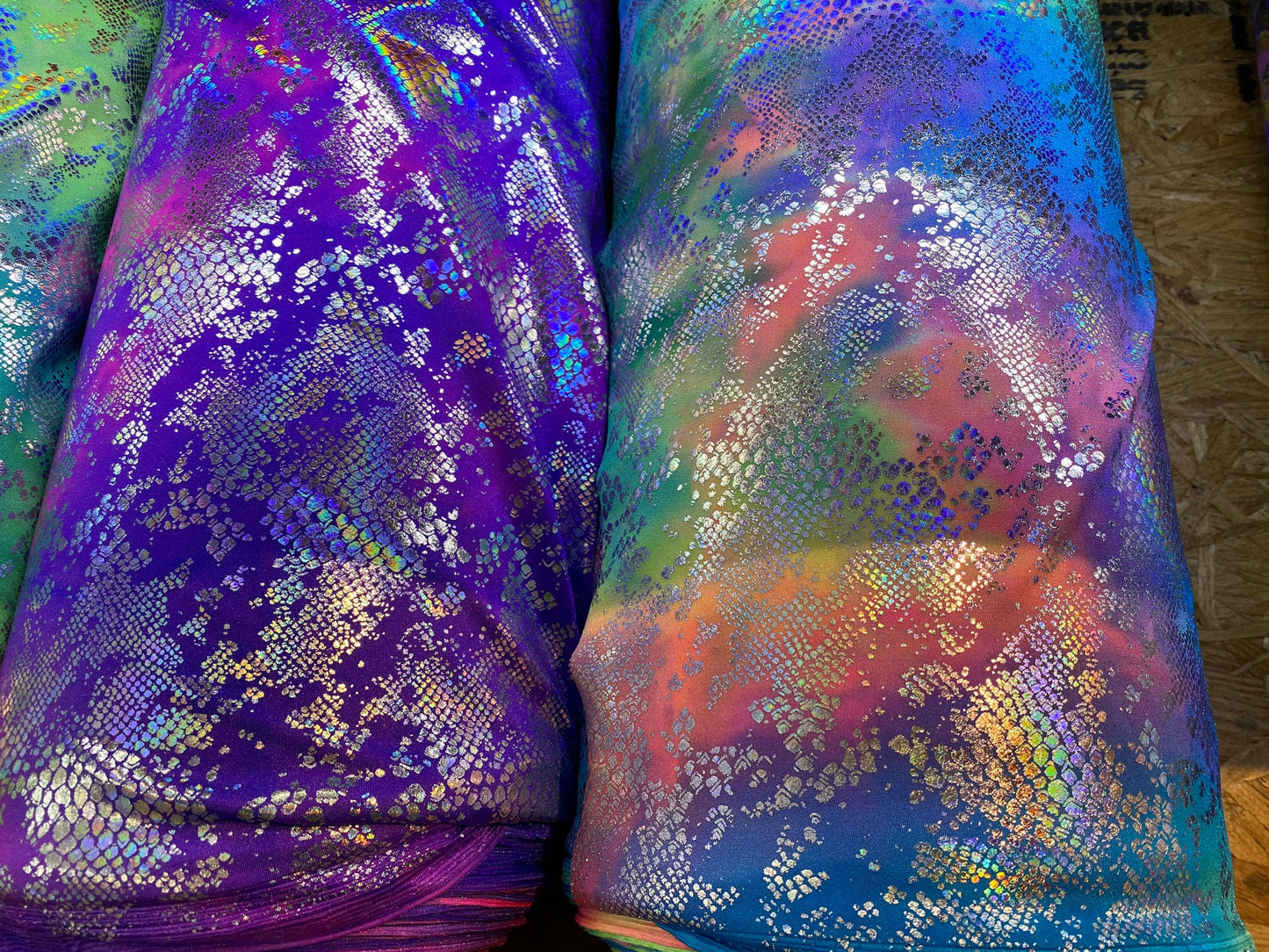 New tie dye Cobra design snake skin foil print on best quality of nylon spandex 4-way stretch 58/60” Sold by the YD. Ships Worldwide