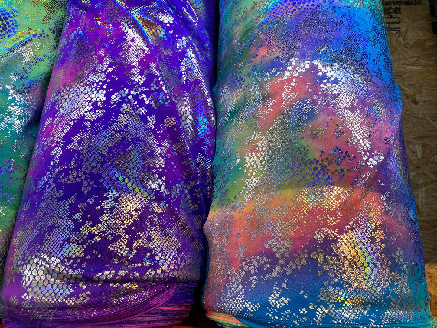 New tie dye Cobra design snake skin foil print on best quality of nylon spandex 4-way stretch 58/60” Sold by the YD. Ships Worldwide