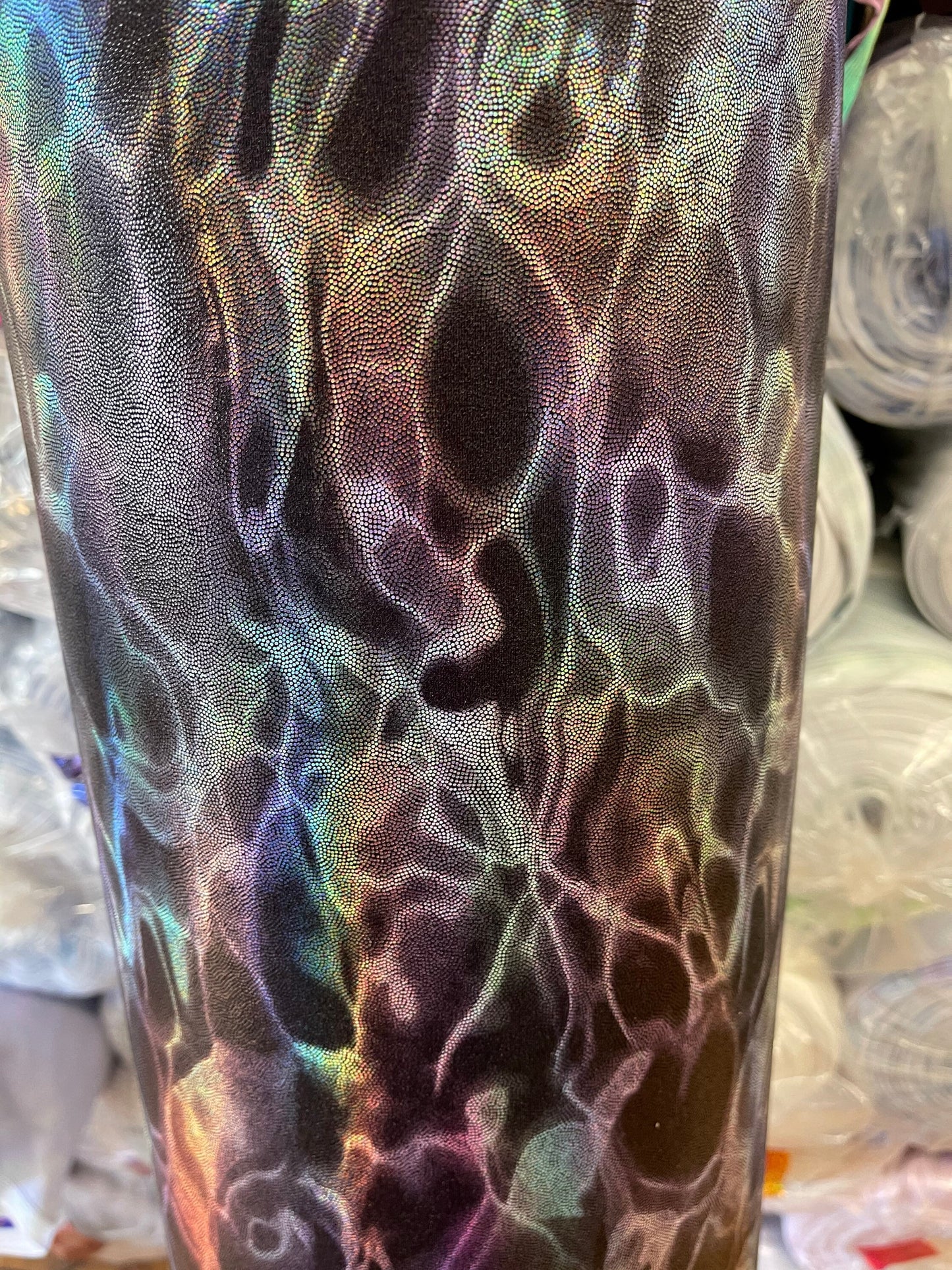 New Ghost design metallic nylon spandex with iridescent foggy foil 4-way stretch 58/60” Sold by the YD. Ships Worldwide from Los Angeles