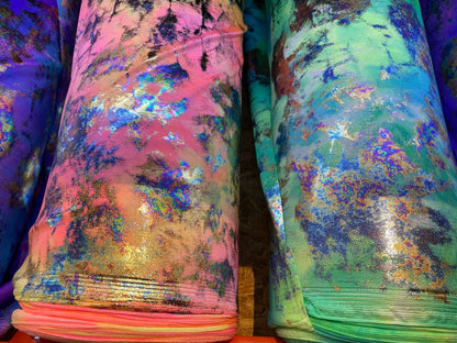 New splatter design metallic nylon spandex;-way stretch 58/60” Sold by the YD. Ships worldwide from Los Angeles California USA.